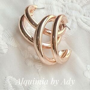 Rose Gold Triple‑Band Statement Hoops • Bold Polished Earrings